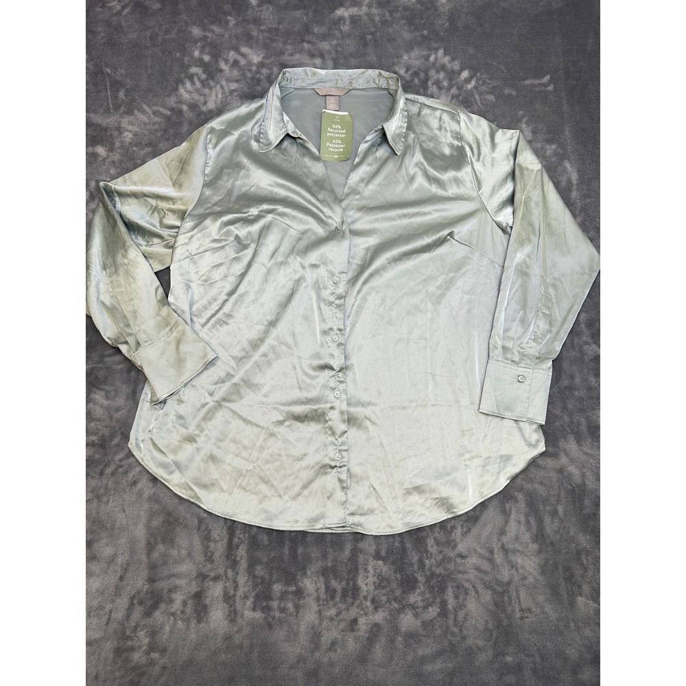 HM Conscious Sage Green Satin Button Up Blouse XL Recycled Polyester Silky Shirt
